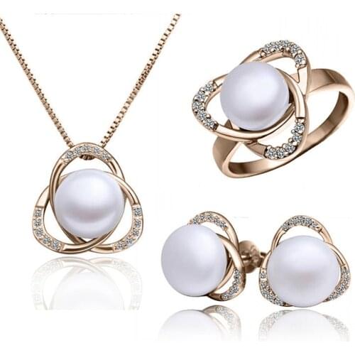 Fashion austria crystal women freshwater Pearl triangle pendant necklace/earrings/rings Jewelry Sets