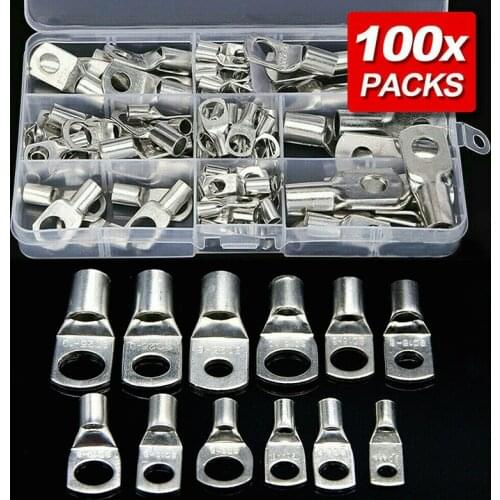 100PCS Copper Crimping Terminal Groups Kit SC4-4 - SC25-6 Mulit Size Battery Welding Cable Lug Ring Crimp Connectors With Case