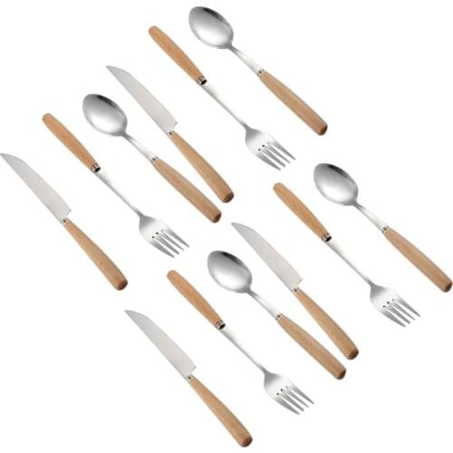 12 Pieces Cutlery Sets,Wood Stainless Steel Cutlery Set Wooden Handle Flatware Set Knife Fork Spoon Set Tableware