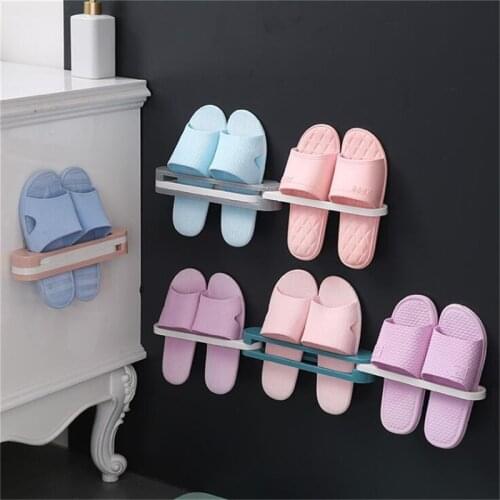 Bathroom Slippers Rack Wall Mounted Shoe Organizer Rack Folding Shoe Hanger Self Adhesive Storage Holder For Bedroom Shower Room