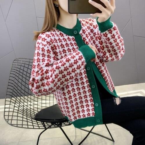 2021 Spring Autumn New Sweater Knitted Cardigan Womens Fashion Short Loose Long-sleeved Sweater Jacket Vintage Hit color Tops