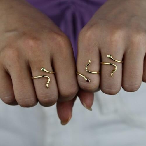 Gold Color Engagement Ring Paved Green / Red Cz Eyes With Snake Shape Shiny Jewelry For Women Wedding / Party Gift 2020