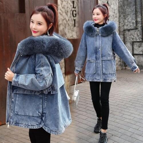 Lamb Wool 2020 Womens Winter Denim Cotton Coat Female Korean Plus Velvet Thicken Zipper Hooded Fur Collar Padded Clothing Q344