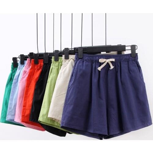 S-3XL Plus Size Candy Colors Cotton Linen Summer Shorts Women Lace Up Casual Short Femme Sweatpants Loose Wide Leg Shorts C7297