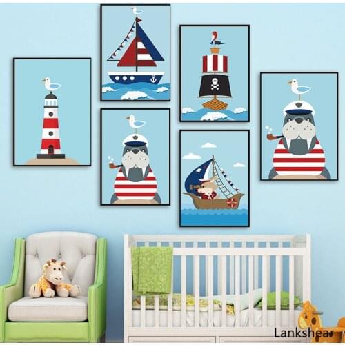 Blue Cartoon Sailboat Sailor Decorative Canvas Painting Wall Art Posters For Children Room Decoration Home Decor