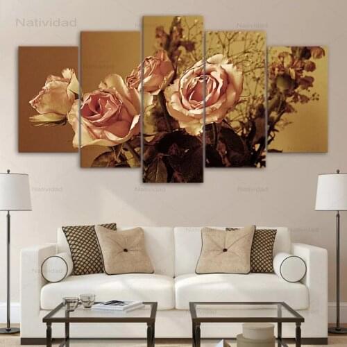 Modern Canvas Painting Hd Printing 5 Pieces Retro Rose Flowers Modular Pictures for Living Room Home Decorative No Frame