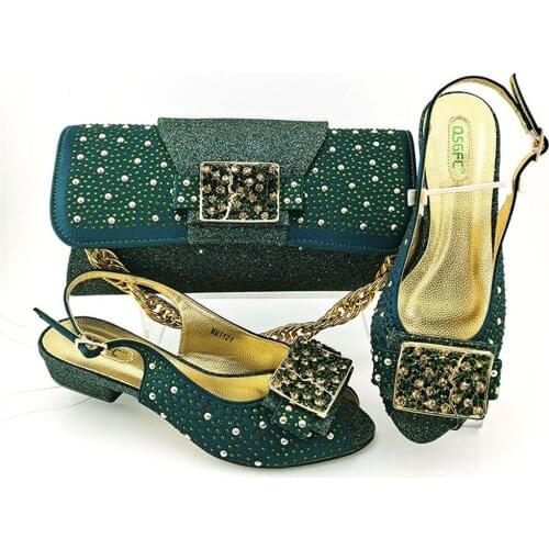 African 2021 Special High Quality Colorful Crystal Decoration Itlaian Design Women Shoes and Bag Set in Avocado Color for Party