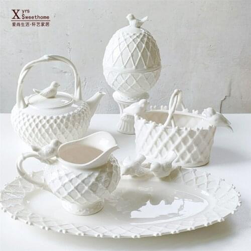 European high-temperature ceramic relief bird weaving double ear long tray fruit tray milk can teapot flower basket