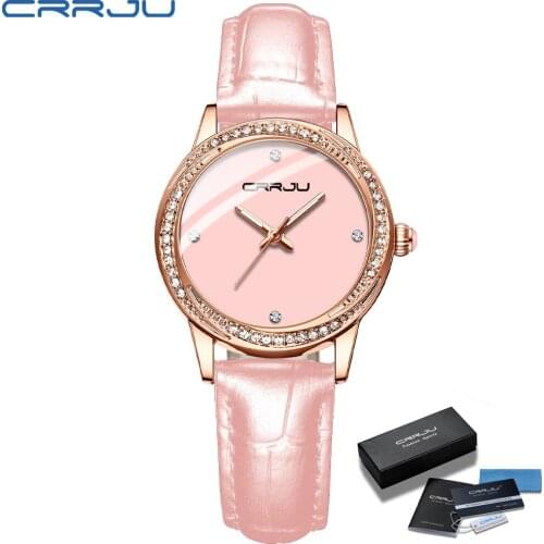 Ladies' Watch CRRJU Fashion Sport Diamond Watches Pink Dress Simple Leather Bracelet Waterproof Quartz Watches montre femme