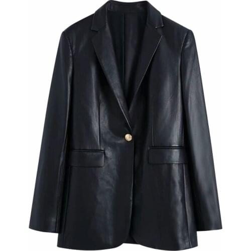 SLMD Women Fashion Elegant Single Button Pu Leather Blazers Female Pockets Notched Blazer Coat Ladies Chic Tops