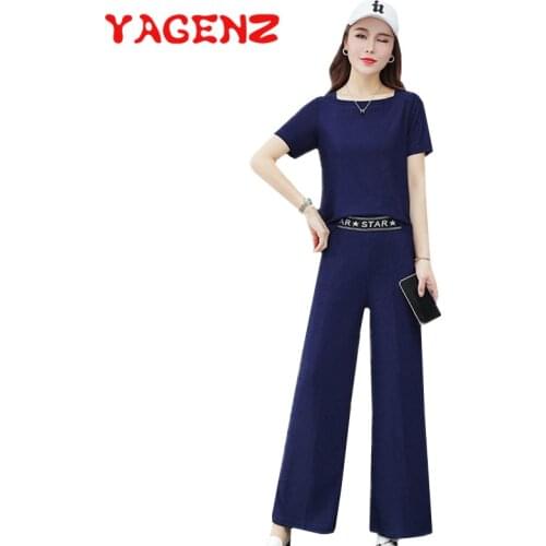 YAGENZ Casual Outfit Two Piece Set Women Short sleeve Tops And Long Wide leg pants Plus size Suit Fashion Summer 2 Piece Set 787