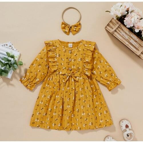 Floral Print Princess Dress Bowknot Long Sleeve O-neck Newborn Baby Casual Dress Winter Clothes Baby Girl Clothing