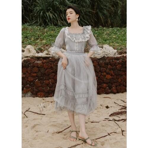 2021 Spring Autumn New Arrival Princess Style Elegant Stand Collar Flower Embroidery Woman Long Dress