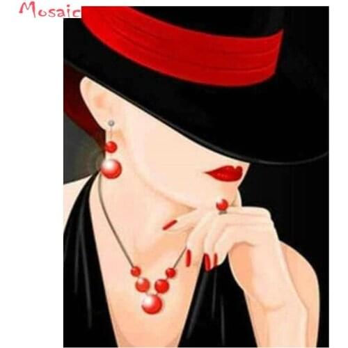 5D,DIY,Diamond Painting,square,round,drills,embroidery,mosaic,red,black,hat,beautiful woman