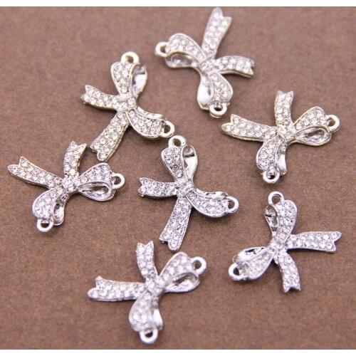 6pcs Handmade Rhineston Silver Plated Bow Alloy Connector For Fashion Bracelet Necklace DIY Metal jewelry Charm makings