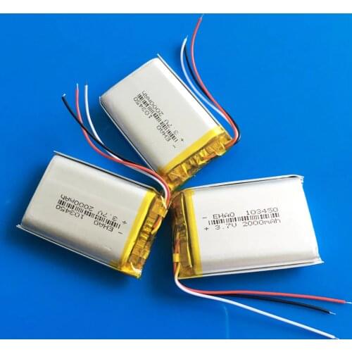 3pcs 103450 3 wires 2000mAh 3.7V lipo polymer lithium rechargeable battery for MP3 GPS navigator DVD headset e-book camera