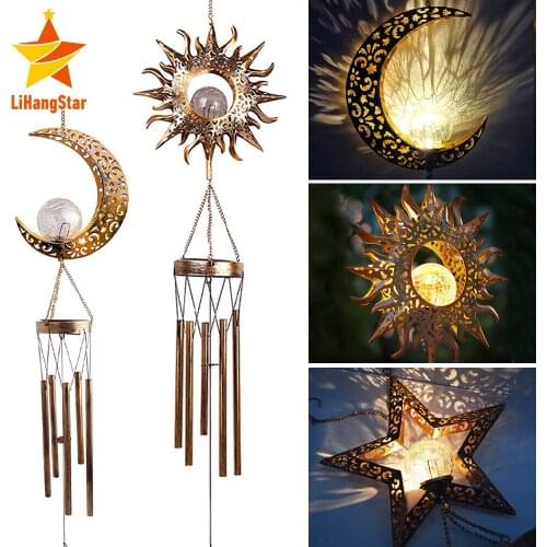 Solar Wind Chime Lamp Outdoor Waterproof Hanging Light Moon Star Sun Shape Suitable for Holiday Party Garden Street Decoration
