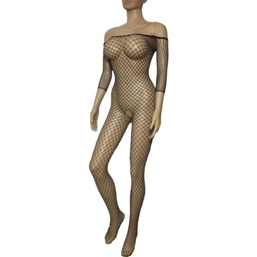 Hot Seamless Big Diamond Net Long Sleeve Bodystocking Crotchless Fishnet Body Stocking Sheer Body Suit Sexy Erotic Lingerie