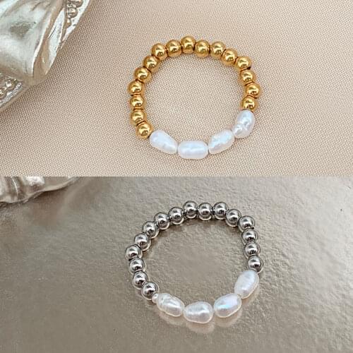 New Handmade Stainless Steel Beaded Rings Women Stretchy Korean Jewelry Freshwater Pearl Wedding Ring Party Gifts Wholesale