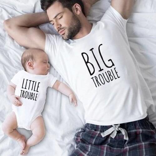 Big Trouble and Little Trouble Family Matching Clothes Outfits Cotton Dad Daughter Son Tshirt Daddy Baby Girl Boy Romper Clothes