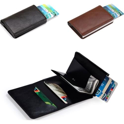 Vintage Anti-magnetic Credit Card Holder Wallet Men Rfid Blocking Card Protect Cover PU Leather Card Aluminum Metal Purses