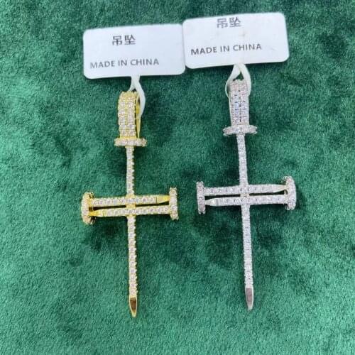 Nail Cross Pendant Gold Color Copper Material Iced Rock Street Necklace Chain Fashion Hip Hop Jewelry