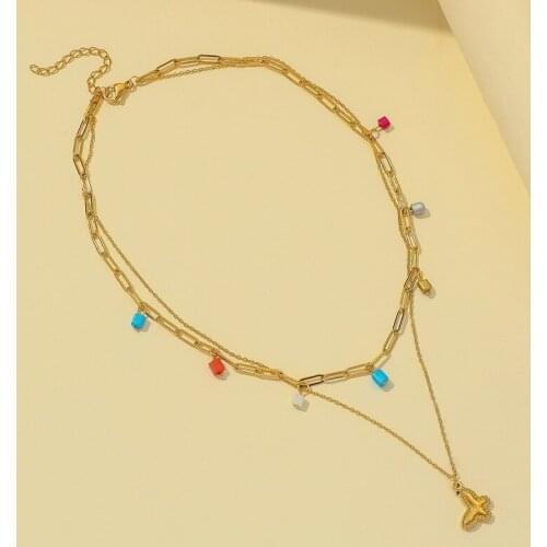 Minar Bohemia Rainbow Beaded Chains Necklaces for Women Gold Color Alloy Double Layers Linked Butterfly Pendant Chokers Necklace