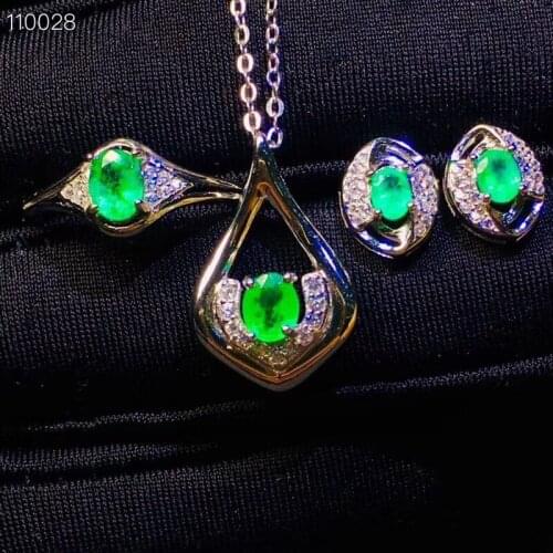 Natural green emerald Ring Pendant Earrings Natural Gemstone Jewelry Set S925 Silver Fashion water drop Women party gift jewelry