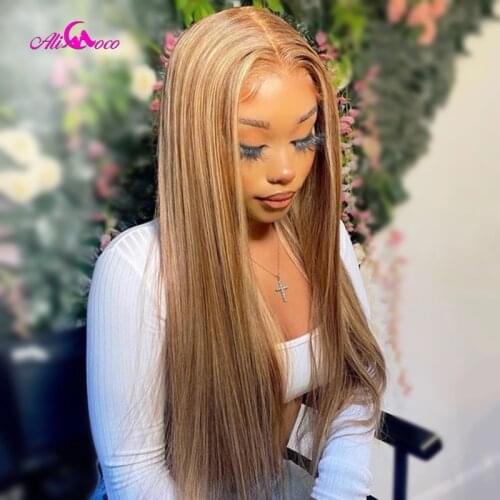 Ali Coco 13X4 Lace Frontal Highlight Colored Human Hair Wigs Pre Plucked Remy Ombre Peruvian Straight Frontal Human Hair Wigs
