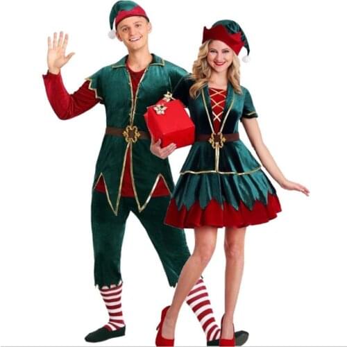 Couples Christmas Elf Costume Women&Men Santa Claus Cosplay Costume Xmas Santa`s Helper Costume Outfit For Women Men Plus Size