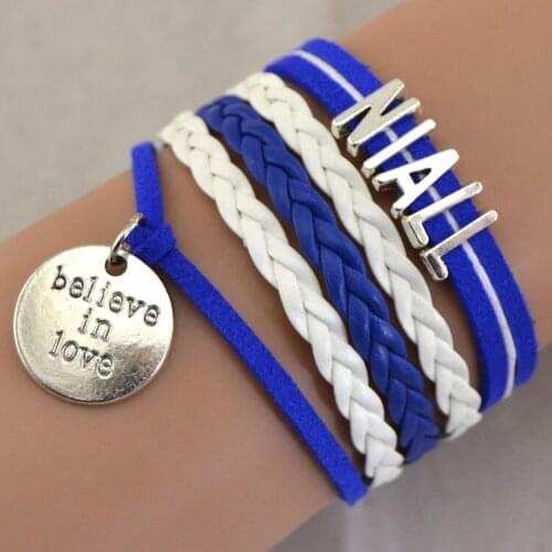 Silver Infinity love NIALL Charm diy letters Wax Cord Braided PU Leather Awareness Ribbon Bracelet