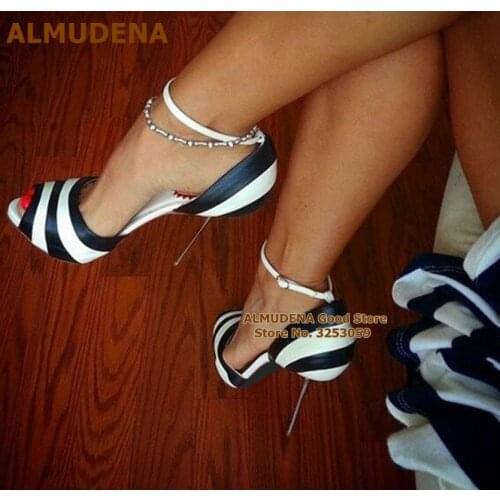 ALMUDENA Zebra Stripe High Heel Shoes Open Toe White And Black Colorized Metal Heels Stiletto Buckle Strap Pumps Gladiator Shoes