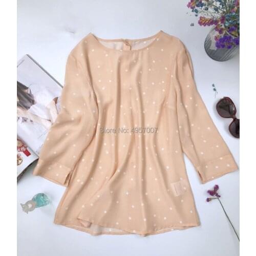 High Quality Silk 100% Cherry Blossom Pink Dot Printed Blouse Shirt Top With Buttoned Back & Long Sleeves & O Neck