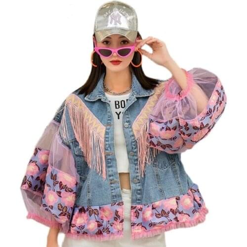2021 New Autumn Fashion Blue Denim Jacket Womens Fringed Lantern Sleeve Jacket Stitching Cardigan Jacket Women
