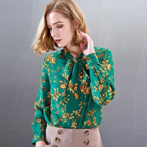 Womens Blouses and Tops Silk green yellow Floral bowtie Office Formal Casual Shirts Plus Large Size Spring Summer Sexy Femme