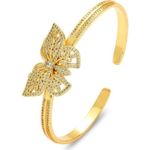 Womens Gold Bangles Bracelets Butterfly Copper Cubic Zirconia 18K Gold Plated Adjustable Open Bangles Heart Hollow Bangle