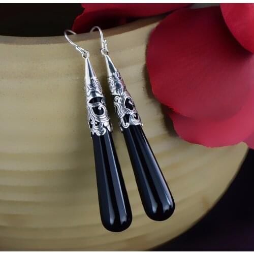 S925 sterling silver jewelry wholesale retro fashion long section of black onyx teardrop-shaped earrings female shipping