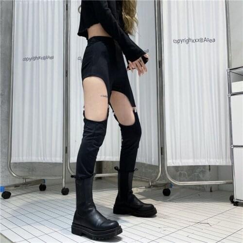 Women Big Hollow Out Hole Detachable Shorts Elastic Waist Pant Black Gothic Lady Street Sport Long Stretch Pants Punk Trousers