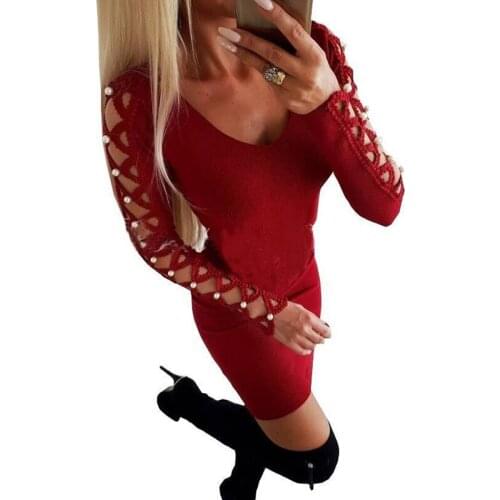 Womens Sexy Dress Woman Beading Hollow Out Sleeve Fashion Dress Female Casual Party Club Bodycon Vestidos Lady Mini Dresses