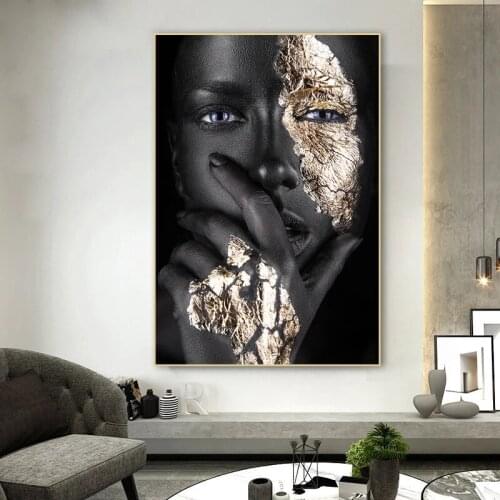 Golden Makeup Home Wall Art Canvas Prints Sexy Black Girls Pop Art Canvas Paintings African Wall Pictures For Living Room Decor