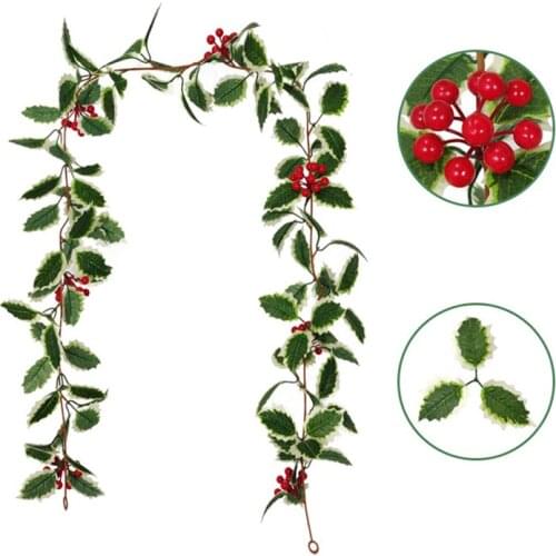 1.75m Artificial Holly Leaf Vine Christmas Rattan Berry Flower DIY Garland Wreath Home Hanging Ornament For Party Xmas Decor
