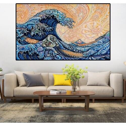 Abatract Art Canvas Painting Elephant and The Great Wave Posters and Print Wall Art Pictures For Living Room Home Decor Pictures
