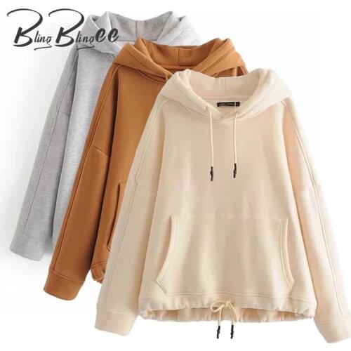 BlingBlingee Za 2021 Autumn Winter Woman Casual Fleece Hoodies Traf Oversize Drop Shoulder Pocket Front Loose Hooded Sweatshirt