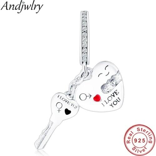 925 Sterling Silver Fit Original Pandora Bracelets Beads I LOVE YOU Heart Key Dangle Charms European DIY Jewelry Lovers Berloque