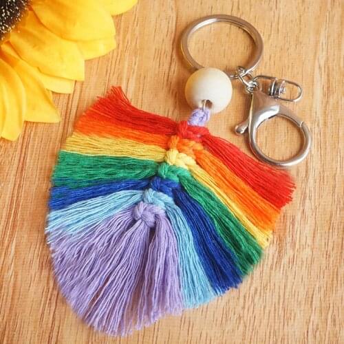 Gift Rainbow Color Trendy Drop Key Ring Bohemian Jewelry Tassels Geometric Handmade Weaving Macrame Key Chain for Wedding Party