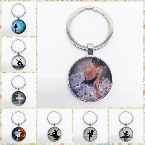 Pop ballet dancer silhouette keychain dancers favorite round glass pendant keychain accessory
