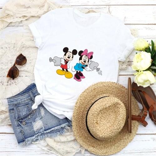 Mickey Minnie Mouse Printed T Shirt Summer Short Sleeve Casual White O-neck Tshirts Harajuku Streetwear Femme Tee Shirts