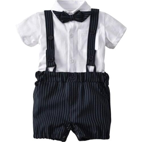 Summer Fashion Handsome Boys Clothing Set Short Sleeve Blue Sling Ribbon Striped Pants Suit Tie 3 Piece Childrens Sets 2021
