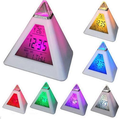 Multifunctional LED Change Digital Table Alarm Clock Desk Thermometer Night Glowing LCD Clock Cone Pyramid Style Home Decor