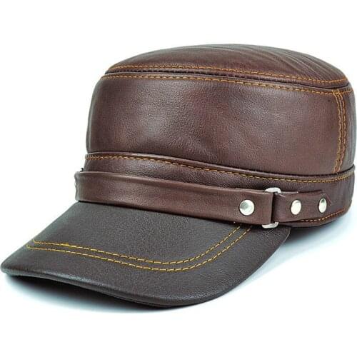 Adult Genuine Leather Hat Mens Baseball Cap Male Cowhide Outdoor Warm Leather Hat Elder Earprotection Leather Cap B-8587